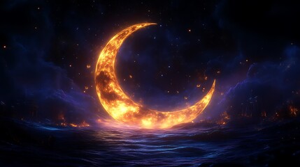 Obraz premium Fiery Crescent Moon Over Burning Sea And Stars