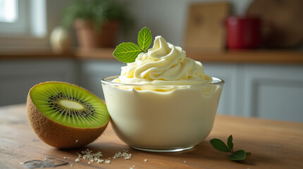 Creamy Vanilla Dessert with Fresh Kiwi on a Rustic Wooden Table in Soft Natural Lighting