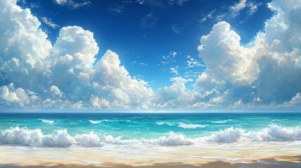 Fototapeta premium Peaceful Beach with Rolling Waves and Blue Sky. Generative AI