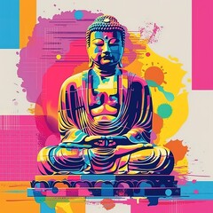 Abstract vibrant colors illustration of Buddha, pop art design background or wallpaper.