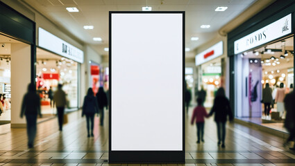 Fototapeta premium the interior of the shopping center. In the center is a large vertical billboard with an empty white screen.