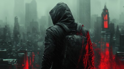 Hacker walking in cyberpunk city under heavy rain