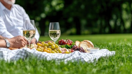 Senior couple enjoying picnic lunch in park