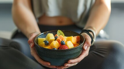 Fresh fruit bowl held by a person during a wellness session in a calm indoor setting