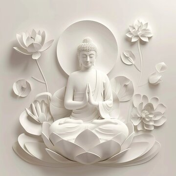 clean flat deep white day buddhism religion paper background with budha and lotus as decoration
