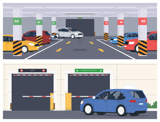 Underground parking for parking vehicles in the city. Compact car parking in supermarkets, high-rise buildings. Vector illustration