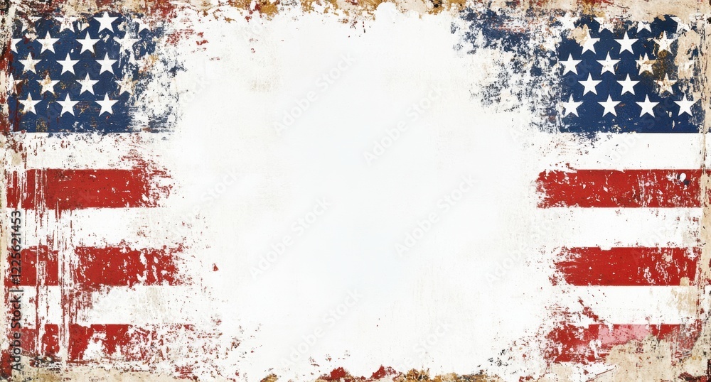 Poster an american flag on the left and right sides of an isolated white background, with large empty space