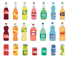 Set of bottles with carbonated soft drinks. Refreshing sweet water. Beautiful colored drinks in a supermarket. Vector illustration