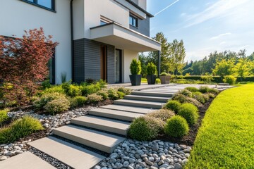Obraz premium Modern Home Entrance with Beautiful Landscaped Garden