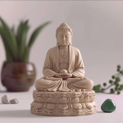 Fototapeta premium High definition video in white background of a Buddha figurine in meditative position, on one side, there are decorative elements such as a plant and a green stone on a pot