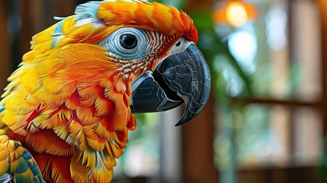 Close up of vibrant parrot showcasing detailed feathers and expressive features in a natural, indoor setting surrounded by foliage