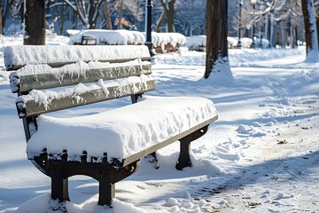 A snowcovered park bench sits in a sunlit winter scene. Snow blankets the bench and ground. Bare trees line a snowy pathway in the background.
