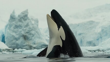 Orca breaches in icy waters near a glacier during the Arctic summer
