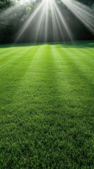 Obraz premium A vibrant green lawn stretches under soft sunlight, creating a peaceful atmosphere. The rays break through the trees, casting gentle shadows on the grass