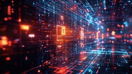 Obraz premium A futuristic space station with neon lighting and holographic displays, capturing the essence of advanced technology 