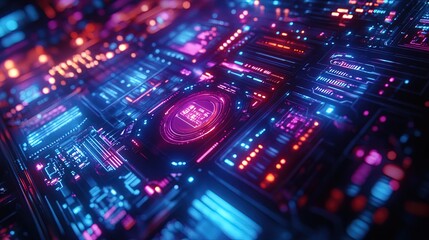 A futuristic space station with neon lighting and holographic displays, capturing the essence of advanced technology  