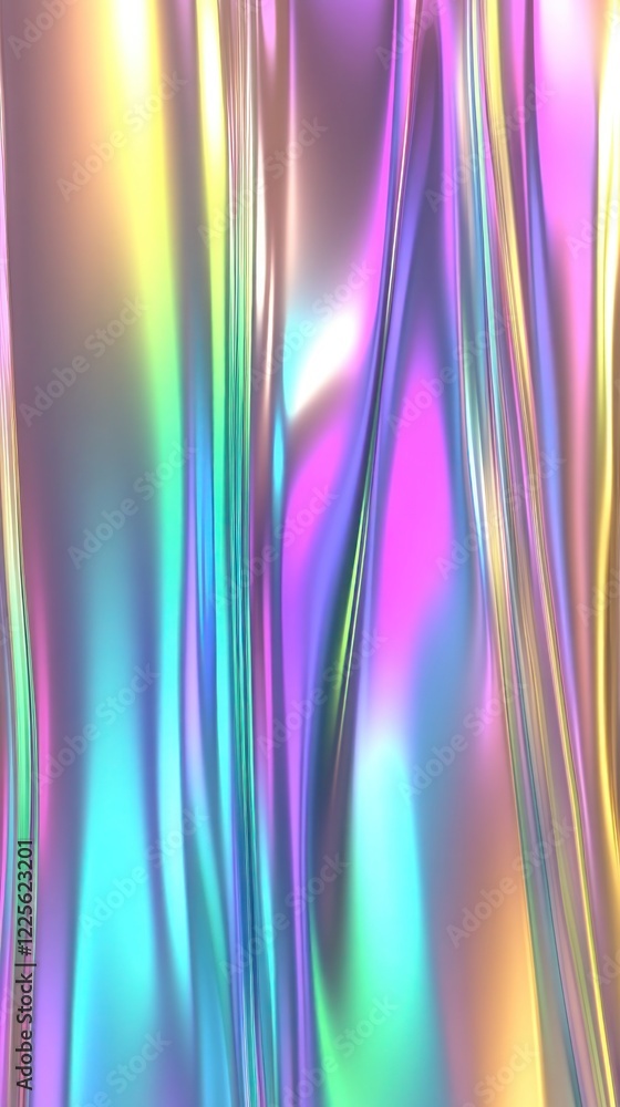 Wall mural iridescent texture with smooth rainbow gradients blending into metallic foil, radiating light in an 
