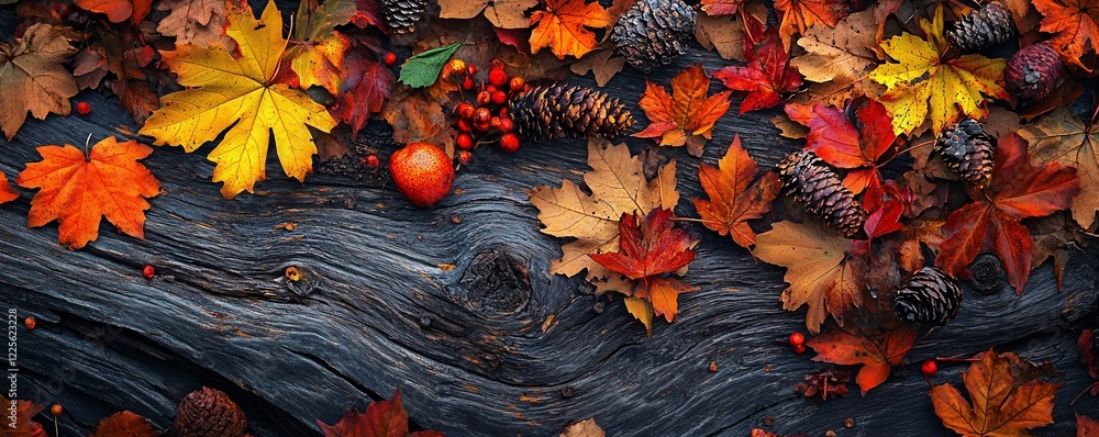 Aufkleber Autumn leaves and pine cones adding warmth to a rustic wood background