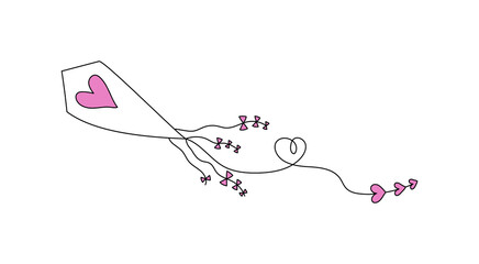 Kite with ribbons and hearts. Valentine's day, holiday. Simple drawing, doodle. White background isolated.