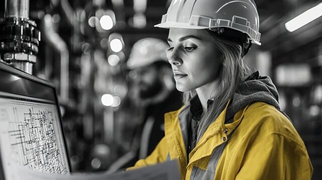 Focused Engineer: A female engineer in a yellow safety jacket and hardhat intently reviews blueprints on a computer screen in a busy industrial setting.