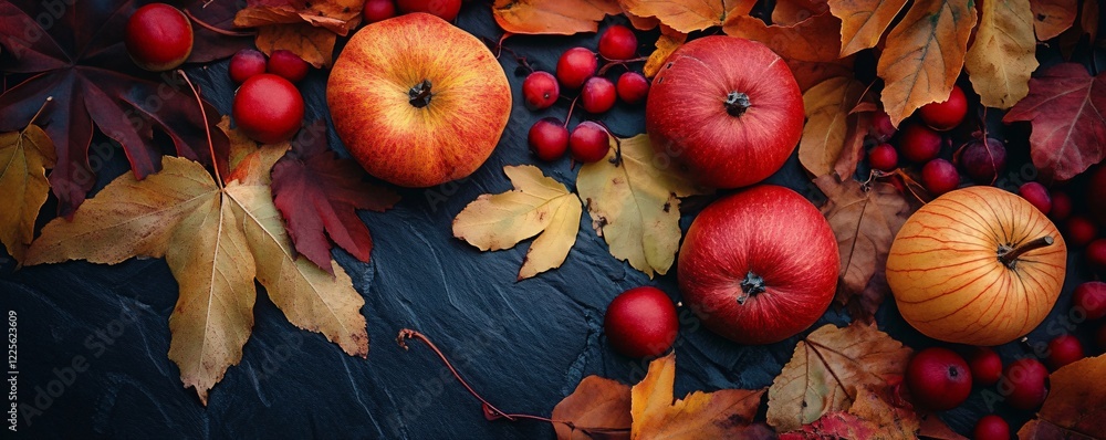 Aufkleber fall-themed still life featuring red apples and berries on a dark stone background with autumn leave