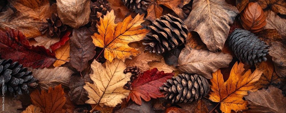 Poster Inviting autumnal setting with vibrant fall foliage and pine cones creating a warm backdrop