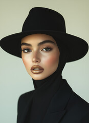 portrait of attractive woman wearing black blazer and hat