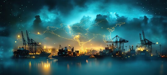 Obraz premium A global map with the silhouette of cargo ships and dock workers connecting to different countries