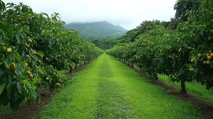Lush Green Orchard Rows With Fruit Trees And Mountain View