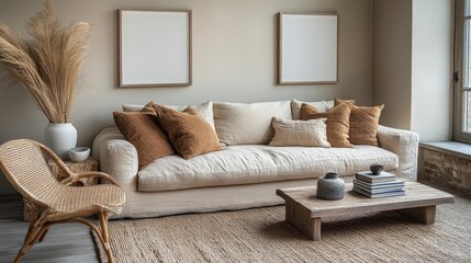 Cozy living room with natural elements and neutral tones. Generative AI