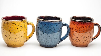 3 ceramic coffee mugs, one in yellow with a red glaze, the second a blue mug with dark speckles, and the third a brown mug with black spots, on a white background
