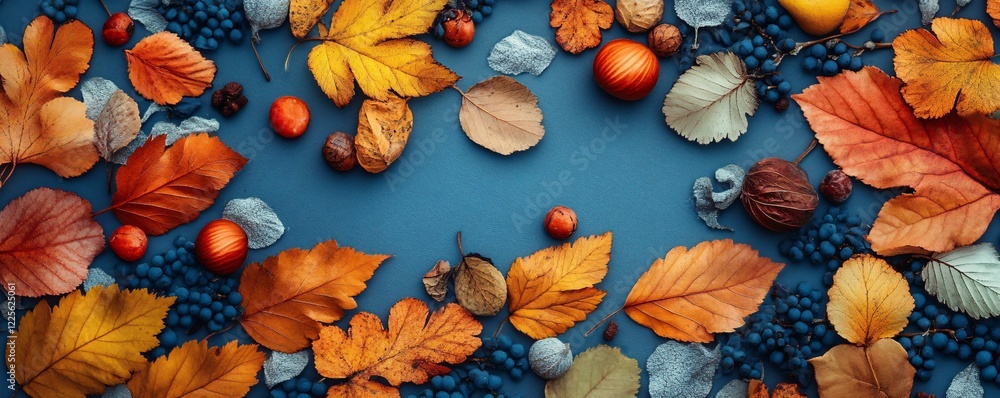 Poster colorful leaves, berries, and nuts creating a fall frame on a blue background with space for text