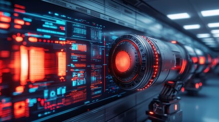 Fototapeta premium A high-tech SpaceX testing facility featuring a massive rocket engine suspended in mid-air, robotic arms performing precise calibrations, glowing holographic screens displaying live data, engineers