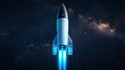 A SpaceX spacecraft entering deep space with glowing blue ion engines propelling it forward, the ship surrounded by a faint halo of light, stars and distant galaxies filling the background, the