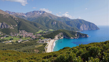 Stunning coastal landscape with mountains and azure sea, natural beauty