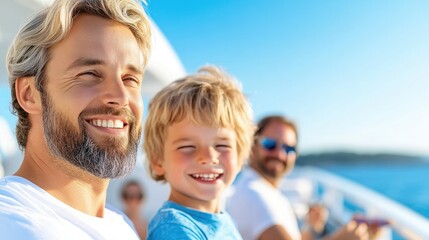 Father and son enjoying a sunny boat trip with family on a clear blue day