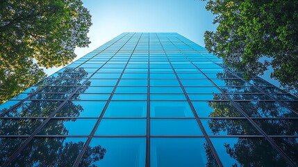 low-angle shot of a modern building with a glass facade, showcasing a grid of windows with warm light emanating from some.