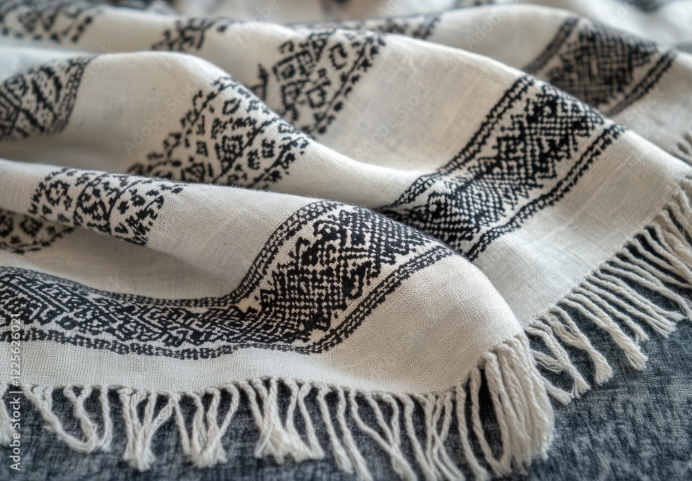 Poster Detailed Close-Up of Traditional Fabric with Intricate Patterns and Fringe on a Soft Background for Textile and Craft Projects