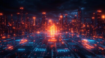 Futuristic city illuminated by glowing lights and neon data flow. Generative AI