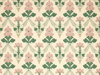 A seamless vintage floral pattern featuring pink flowers and green leaves in a symmetrical arrangement, ideal for textiles, wallpapers, and decorative designs.