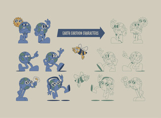 earth mascot cartoon characters in retro style, vector illustration