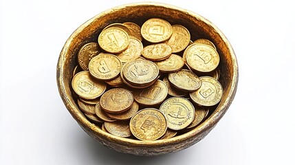 A small, round bowl filled with golden coins against a white background. 
