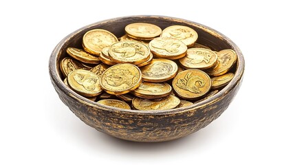 A small, round bowl filled with golden coins against a white background. 