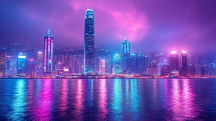 Fototapeta premium Neon-lit futuristic urban skyline at night. Generative AI