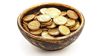 A small, round bowl filled with golden coins against a white background. 