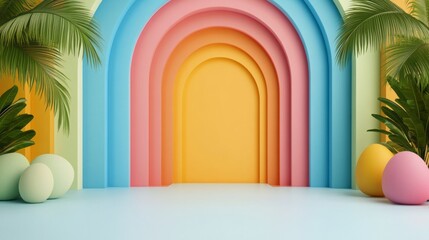 Vibrant arched design in pastel colors with tropical plants and eggs on a soft background. Concept of modern tropical decor