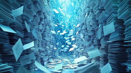 A surreal digital art piece depicting an endless stream of documents flowing through the air, symbolizing paperless document management in a business office environment. 