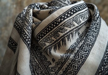 Obraz premium Elegant black and white scarf with intricate tribal patterns draped beautifully, showcasing textile craftsmanship and cultural heritage in a soft fabric