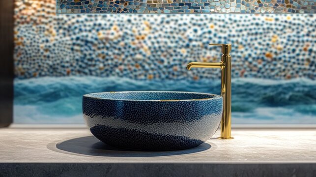 An artistic view of a custom-made oceanic blue ceramic sink with brass details, featured in a modern bathroom with a backdrop of ocean-inspired mosaic tiles.