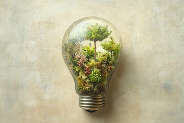 An artistic depiction of a lightbulb filled with miniature trees and plants, symbolizing innovation and nature, placed on a textured neutral backdrop.